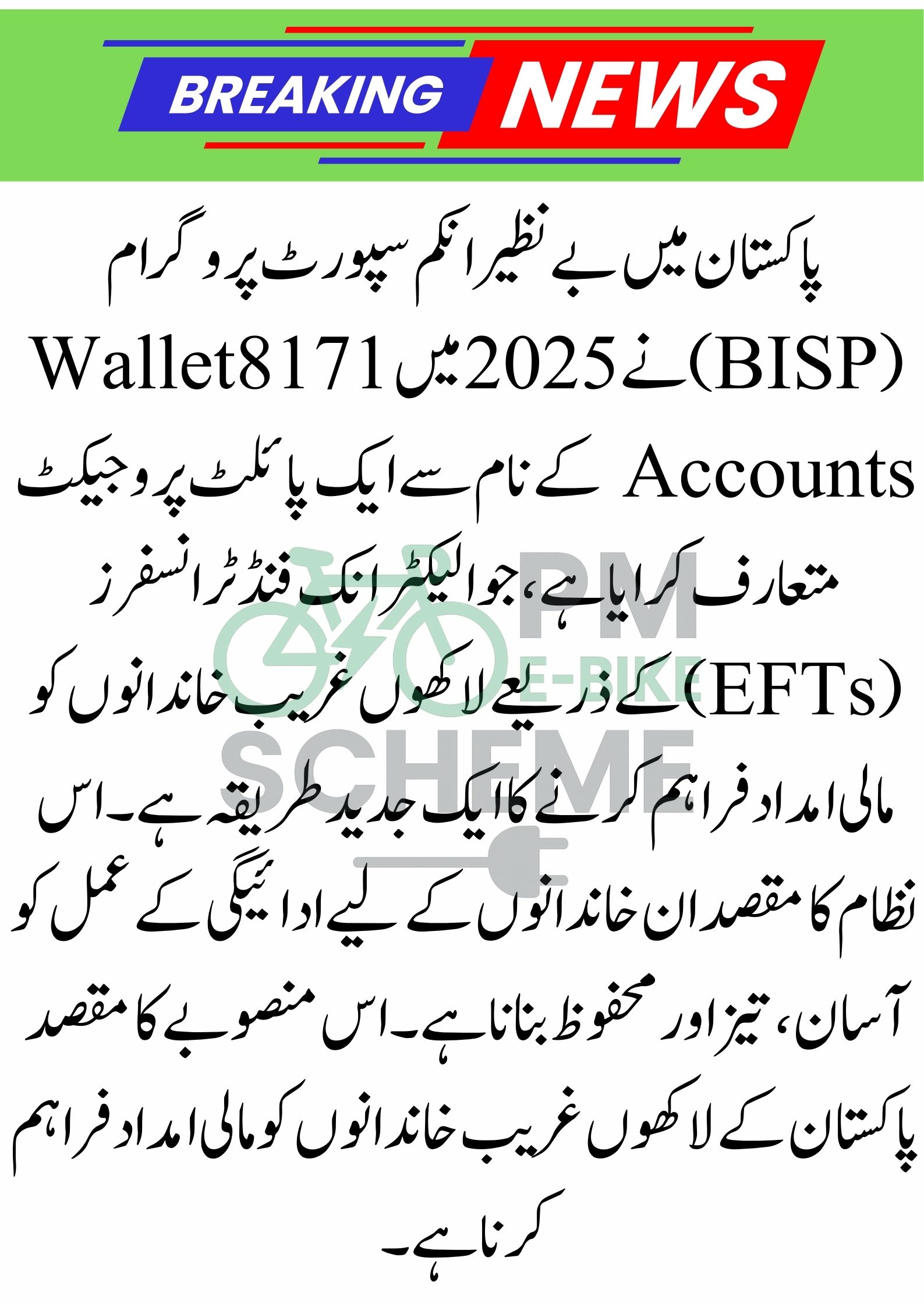 Pilot Project for BISP 8171 Wallet Accounts: Electronic Fund Transfers for Recipients 2025
